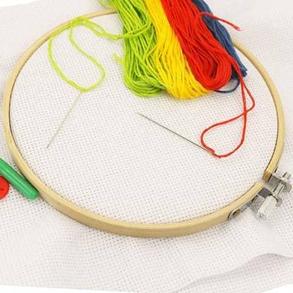 M Fabrics Embroidery Combo Starter Kit Pack of 1 Embroidery Hoop Frame of 8 inches 20 Large Needles and 10 Multicolor Skein Threads 8mtr each for Art Craft and Project Works DIY Embroidery Set
