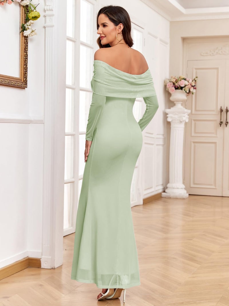 AISWI Maternity Off The Shoulder Mermaid Maxi Dress Mesh Bodycon Pregnancy Dresses Baby Shower Photoshoot with Floral, Green, Medium - Image 2