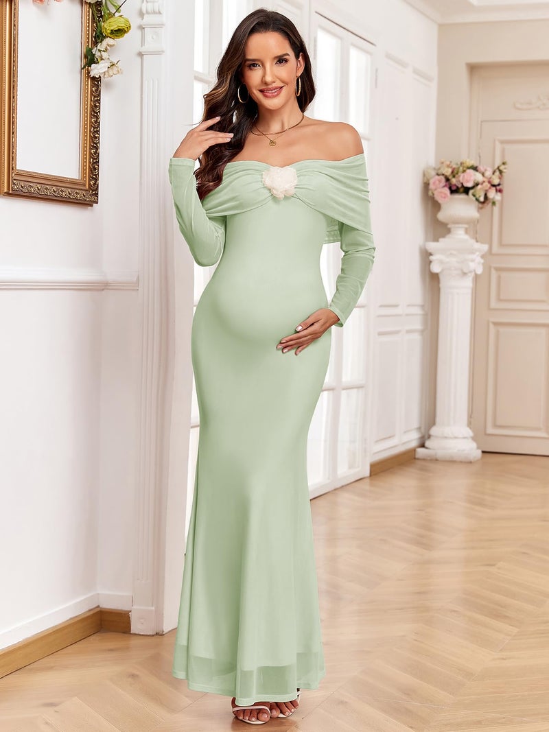 AISWI Maternity Off The Shoulder Mermaid Maxi Dress Mesh Bodycon Pregnancy Dresses Baby Shower Photoshoot with Floral, Green, Medium - Image 3