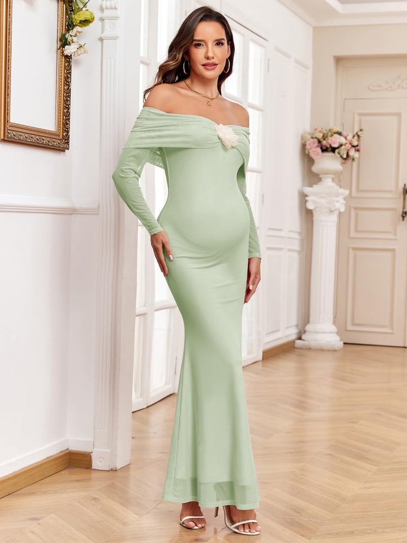 AISWI Maternity Off The Shoulder Mermaid Maxi Dress Mesh Bodycon Pregnancy Dresses Baby Shower Photoshoot with Floral, Green, Medium - Image 4