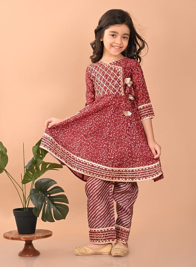 Girls Brownish Crimson Kurta Set