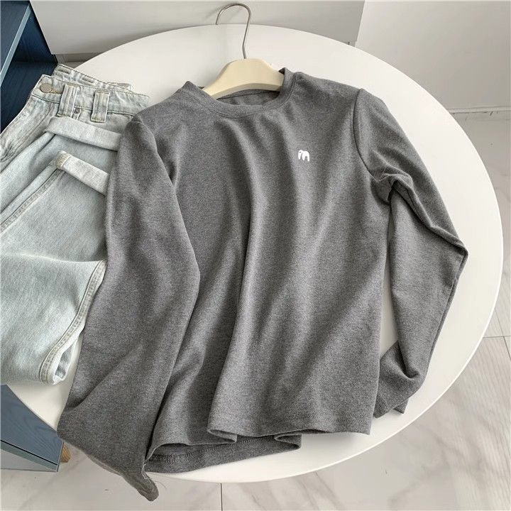 Double-Sided Velvet Sanding Elephant Embroidered Crewneck Long-Sleeved T-Shirt Women'S Loose White Thickened Base Shirt - Image 1