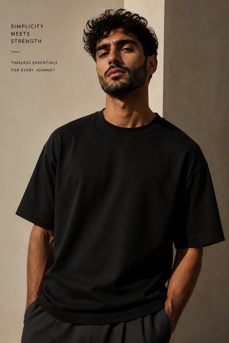 Men's Minimalist Black Oversized T-Shirt Casual Short Sleeve Crew Neck Everyday Essential Tee - Image 1