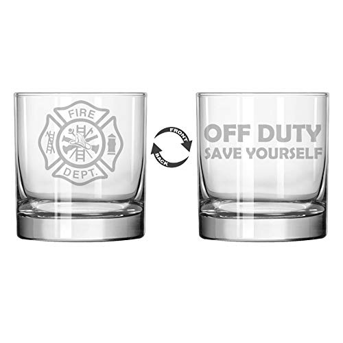 MIP 11 oz Rocks Whiskey Highball Glass Two Sided Fire Department Firefighter Off Duty Save Yourself