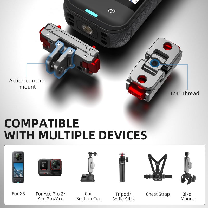 Flymile X5 Magnetic Quick Release Base for Insta360 X5, Aluminum Alloy Mount for Insta 360 Ace Pro 2/Ace Pro/Ace, with 1/4â€Threaded Hole & Foldable Action Camera Adapter Accessories(Not for X4/X3) - Image 3