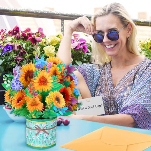 Caffox 4Pack Paper Flower Pop Up Cards, Flower Bouquet Card Popup 3D Greeting Cards for Mother's Day, Graduation, Anniversary, Birthday, Congratulations, Get Well, Home Decor, with Envelope and Note - Image 2