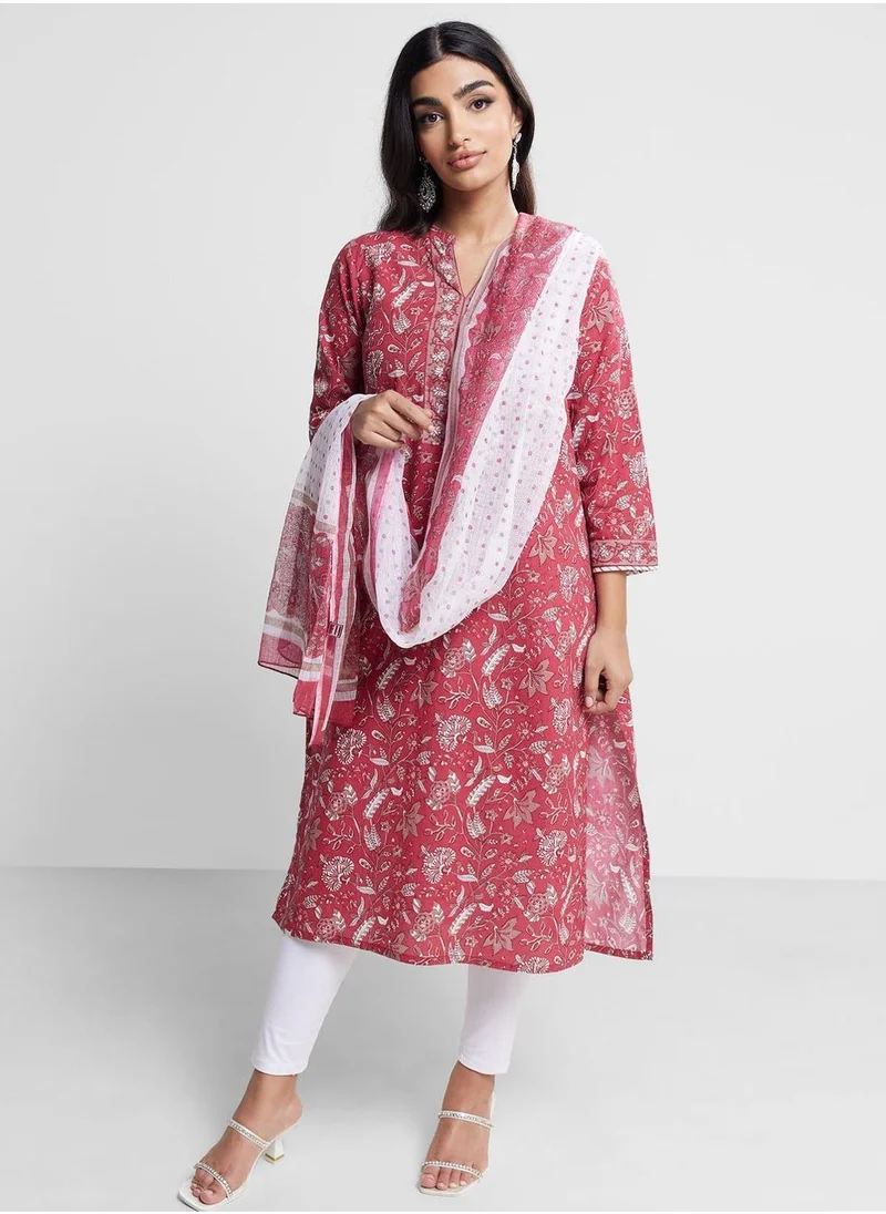 Fabindia V-Neck Floral Print 2Pc Kurta Set