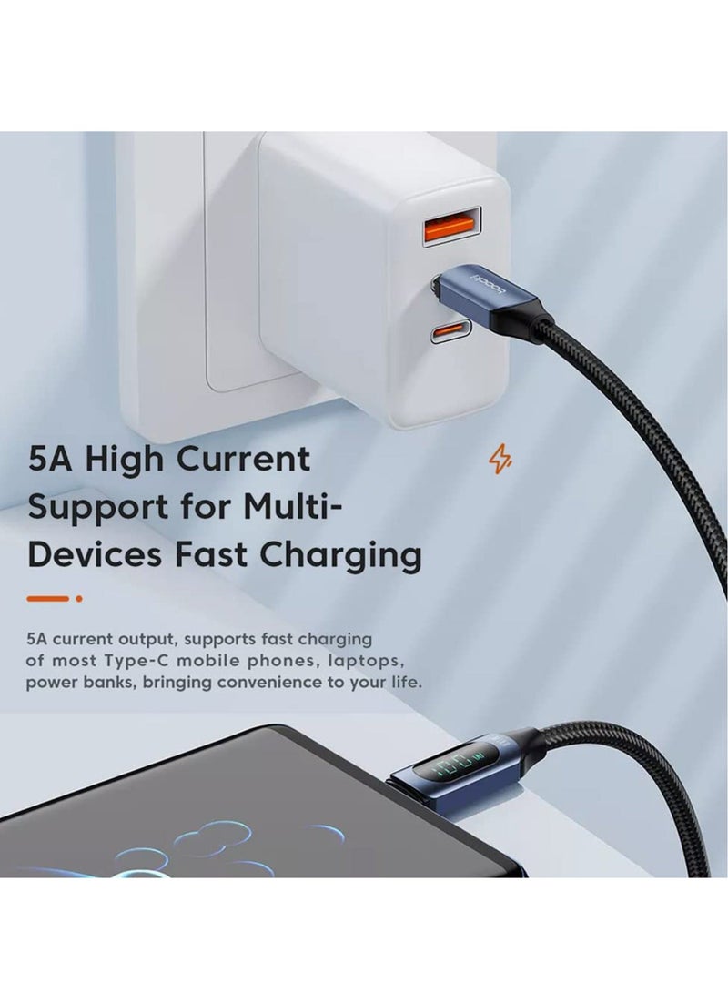 Captaintech Type C to C Charger Cable, 100W 5A Digital LED Super Fast Turbo Nylon Braided High Stable Current Save Charging Cable for Samsung High-Speed Data Sync Smart Chip 1M - Image 1