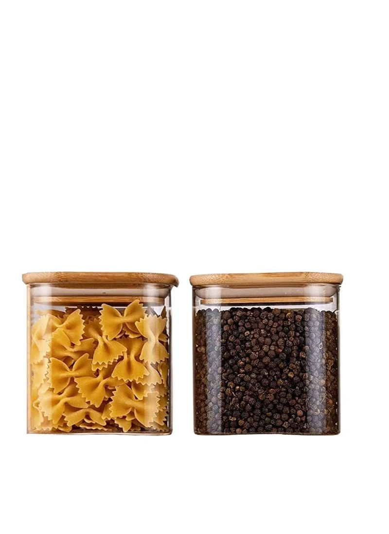 1Chase Borosilicate Square Glass Storage Jar With Air Tight Bamboo Lid 900 ML, 2Pcs Set