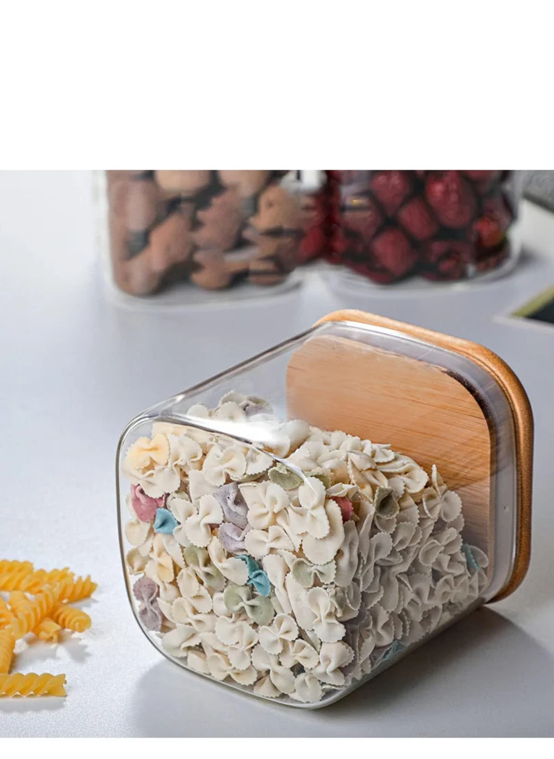 1Chase Borosilicate Square Glass Storage Jar With Air Tight Bamboo Lid 900 ML, 2Pcs Set