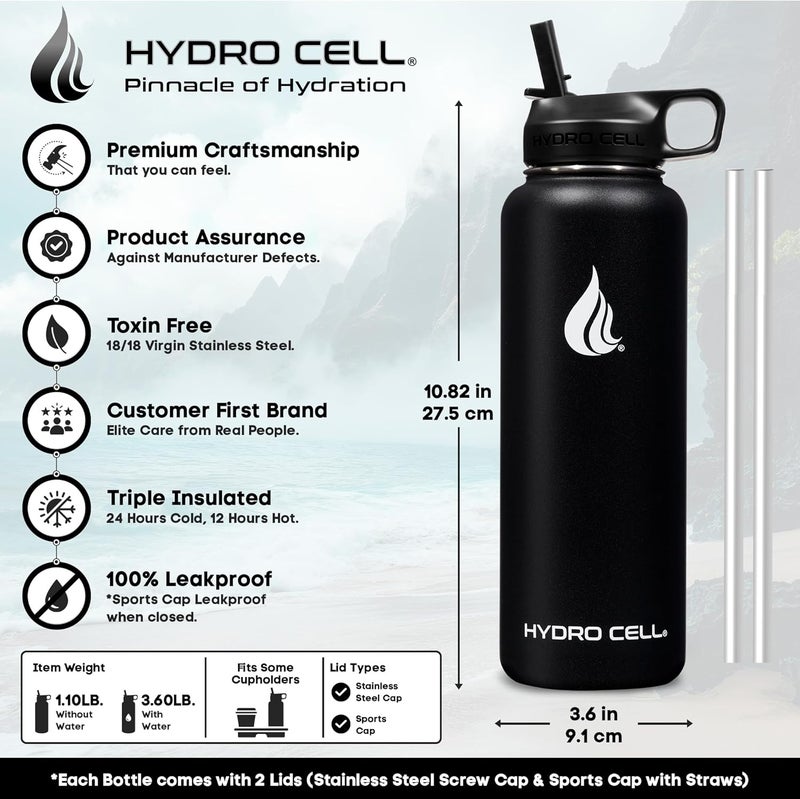 HYDRO CELL Stainless Steel Insulated Water Bottle with Straw - For Cold & Hot Drinks - Metal Vacuum Flask with Screw Cap and Modern Leakproof Sport Thermos for Adults (Black 40oz) - Image 2