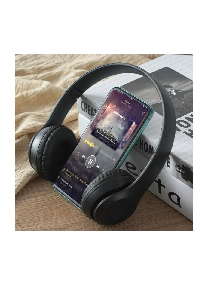 p47 Wireless Bluetooth Headphone - Over Ear Stereo Music Headset with Memory Card Support, Gaming Headphones with Built-in Microphone for Laptop, Mobile Phone, PC - Black