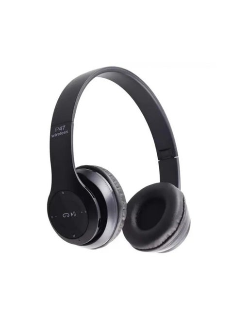 p47 Wireless Bluetooth Headphone - Over Ear Stereo Music Headset with Memory Card Support, Gaming Headphones with Built-in Microphone for Laptop, Mobile Phone, PC - Black