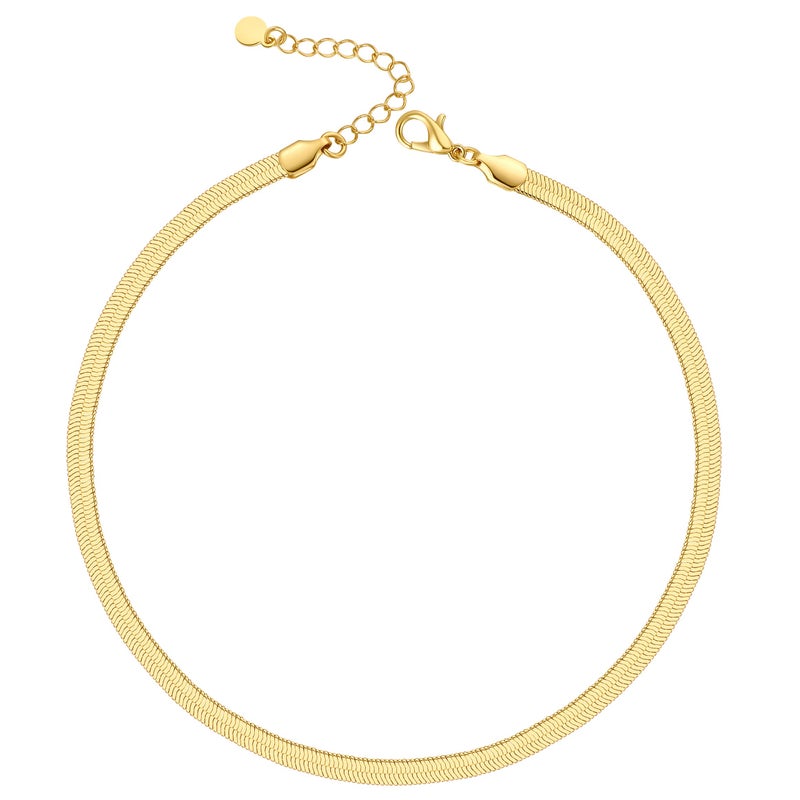 Nuzon Gold Choker Necklaces For Women 18K Gold Plated 5Mm Snake Chain Necklace Thick Flat Herringbone Necklace Layering Jewelry 18'' - Image 1
