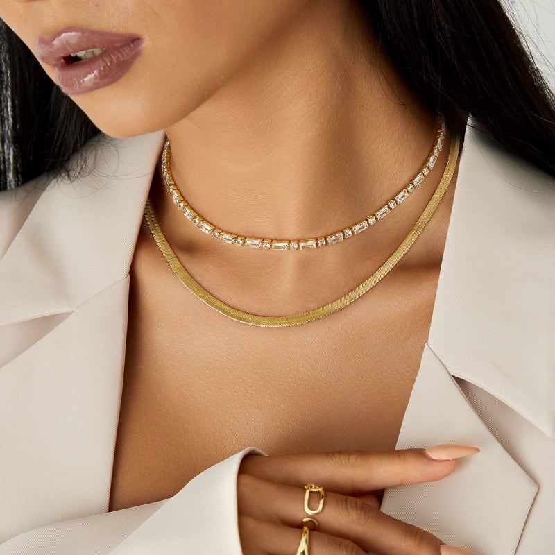 Nuzon Gold Choker Necklaces For Women 18K Gold Plated 5Mm Snake Chain Necklace Thick Flat Herringbone Necklace Layering Jewelry 18'' - Image 5