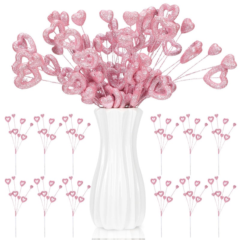 Solsew 12 Pcs 17 Inch Valentine's Day Decorations Glitter Pink Heart Picks Foam Heart Floral Stem Branche Valentines Tree Ornament for Valentines Tree Wedding Anniversary Home Vase Table Centerpiece - Image 1