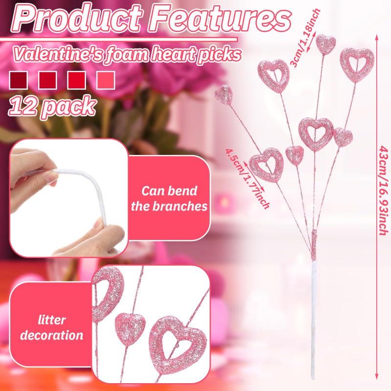 Solsew 12 Pcs 17 Inch Valentine's Day Decorations Glitter Pink Heart Picks Foam Heart Floral Stem Branche Valentines Tree Ornament for Valentines Tree Wedding Anniversary Home Vase Table Centerpiece - Image 2