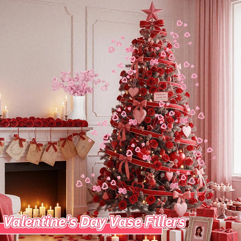 Solsew 12 Pcs 17 Inch Valentine's Day Decorations Glitter Pink Heart Picks Foam Heart Floral Stem Branche Valentines Tree Ornament for Valentines Tree Wedding Anniversary Home Vase Table Centerpiece - Image 5