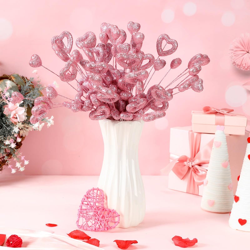 Solsew 12 Pcs 17 Inch Valentine's Day Decorations Glitter Pink Heart Picks Foam Heart Floral Stem Branche Valentines Tree Ornament for Valentines Tree Wedding Anniversary Home Vase Table Centerpiece - Image 3