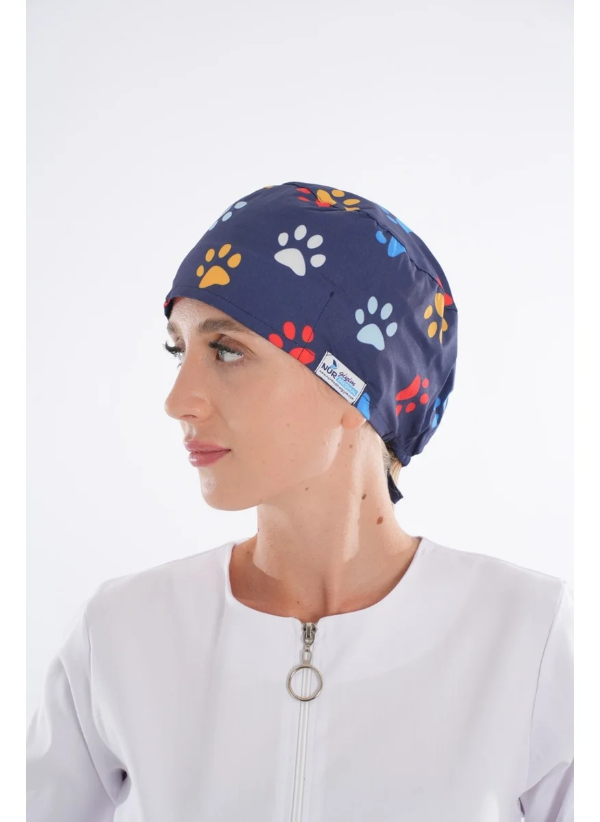 Nur Medikal Giyim Nur Medical Clothing Paw Patterned Veterinarian, Pet Shop, Nurse, Doctor Surgical Bonnet B200