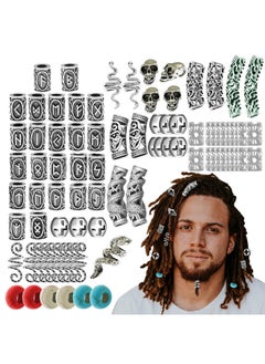 RechicGu 85Pcs Viking Norse Rune Beard Beads Ring Hair Braids Dreadlock Dreads Skull Snake Wolf Cross Turquoise Filigree Cuff Pirate Accessories Clips Pins Tube Locs Hair Extension Jewelry Vintage Silver  - Image 1