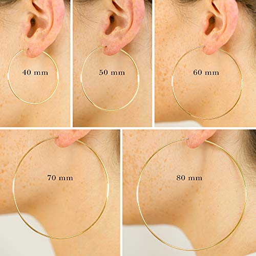 Columbus 14K Gold Plated or Rhodium Plated Thin Endless Hoop Earrings - Lightweight Wire Hoops (Gold, 70) - Image 5