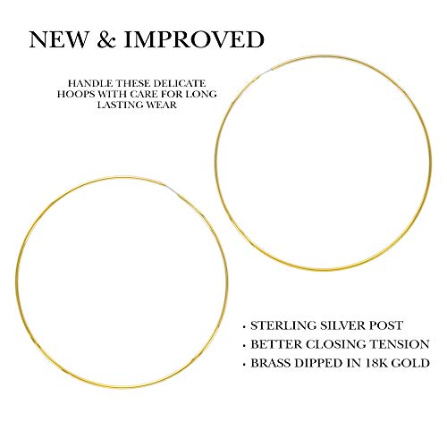 Columbus 14K Gold Plated or Rhodium Plated Thin Endless Hoop Earrings - Lightweight Wire Hoops (Gold, 70) - Image 4