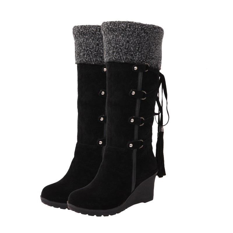 2pcs Women High Boots Fashion Slipsole High Boots Girl Tassel Boots Winter Snow Boots (Black Size 40) - Image 2