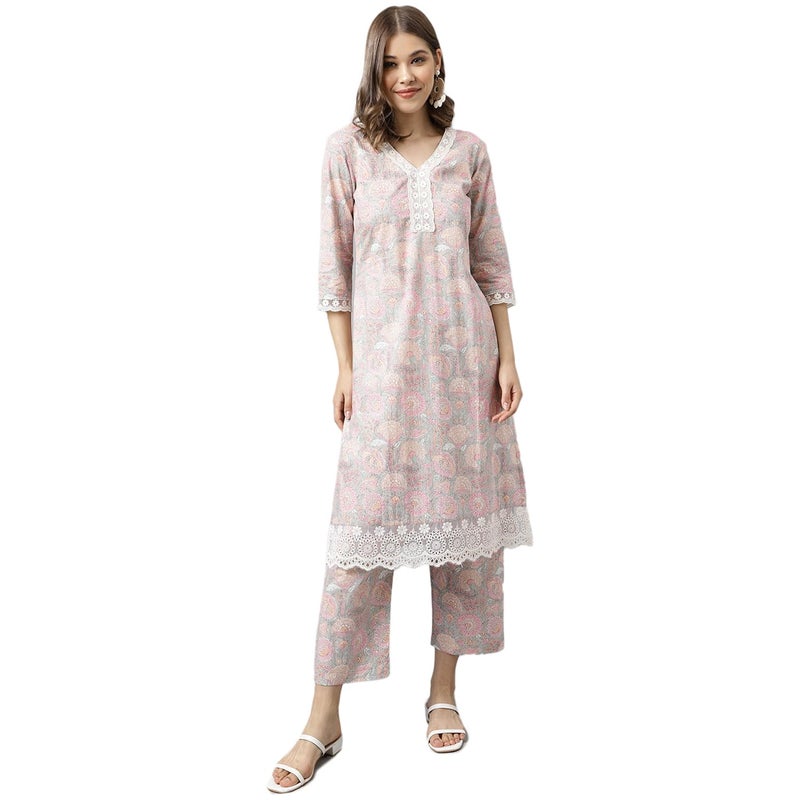 FIORRA Women's Pink Cotton A-line Kurta with Pant - Image 1