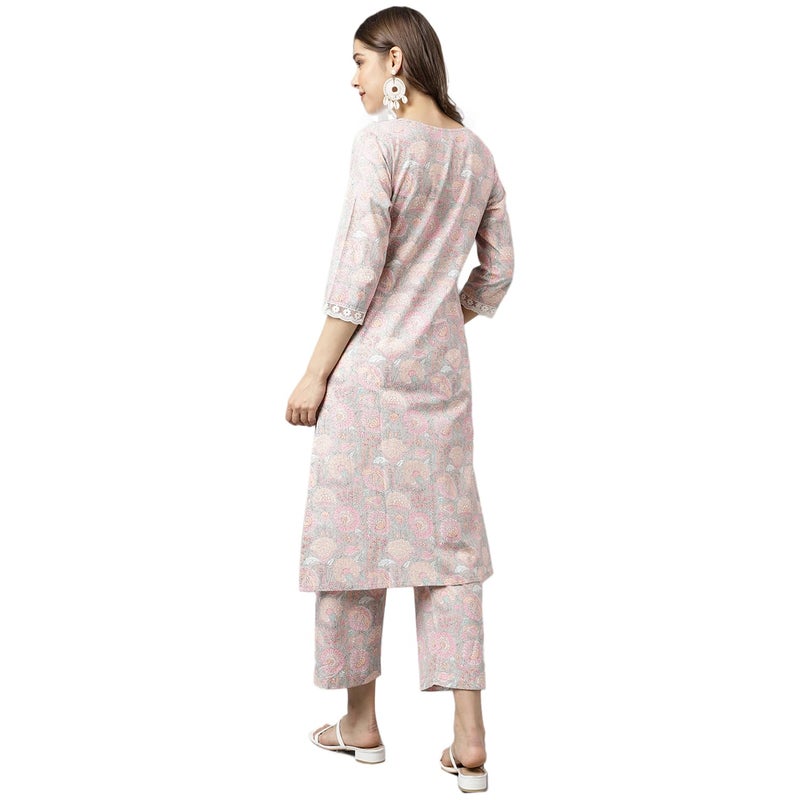 FIORRA Women's Pink Cotton A-line Kurta with Pant - Image 4