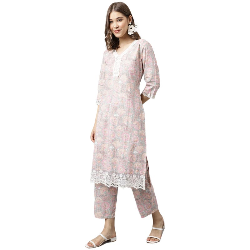 FIORRA Women's Pink Cotton A-line Kurta with Pant - Image 3
