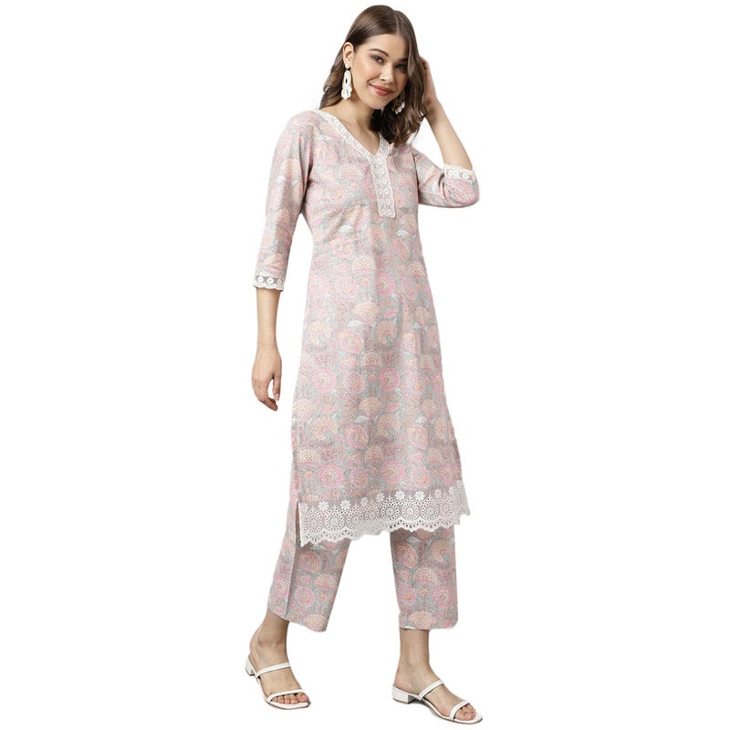 FIORRA Women's Pink Cotton A-line Kurta with Pant - Image 2
