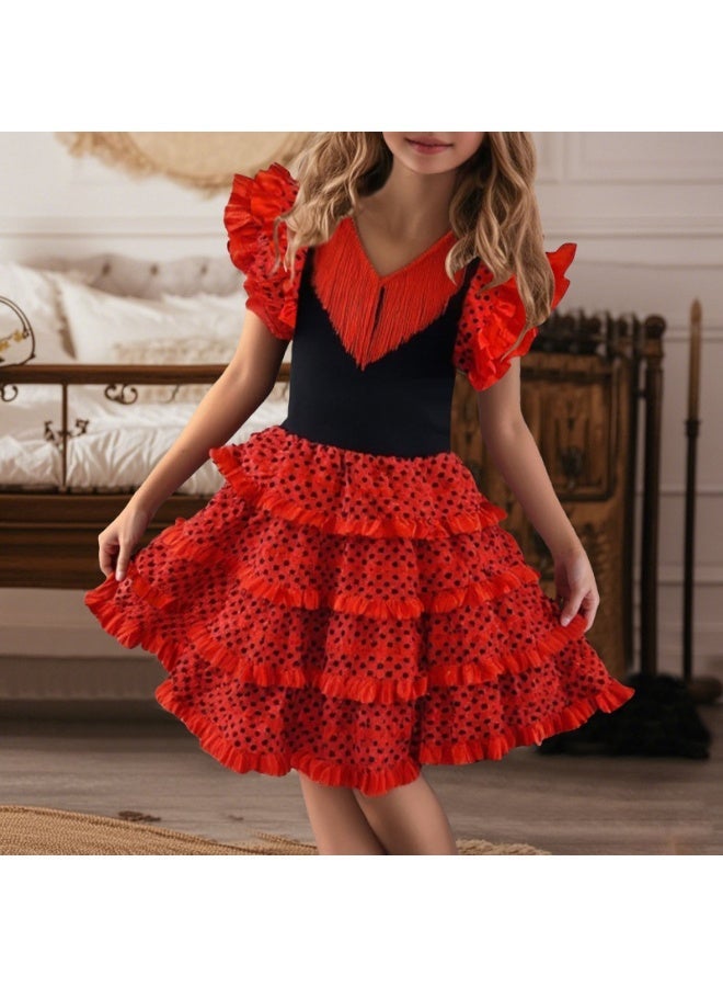 Spanish Flamenco Dress for Girl with Ruffles on The Skirt with Detail of Ruffles and Polka dots on The Skirt - Image 2