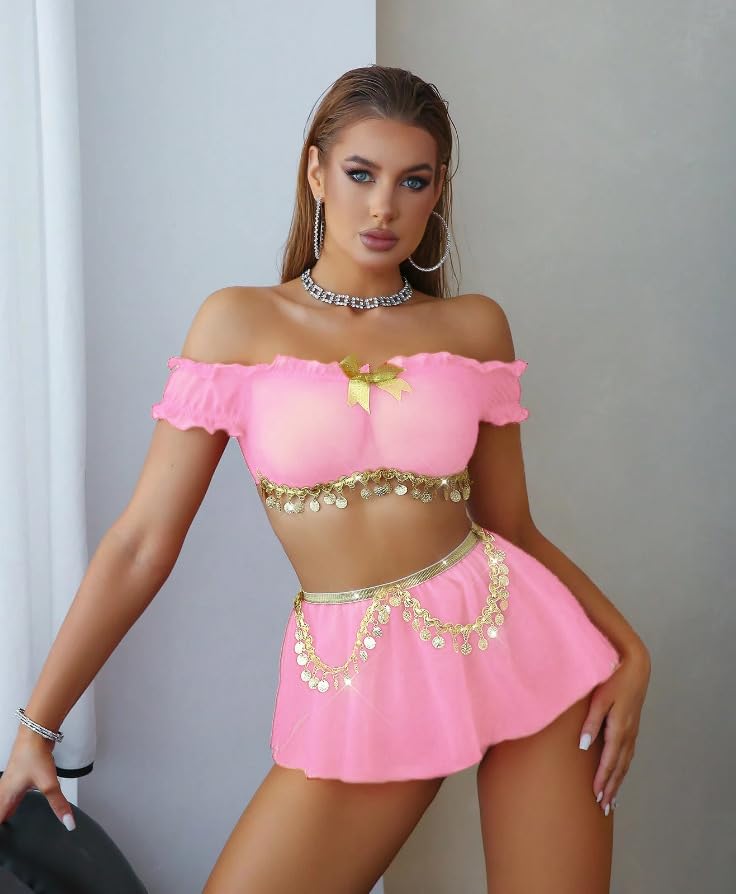 GirlFriend Lingerie Two Piece Deep V Neck Teddy Arabian Princess Lingerie Set - Fairytale Cosplay Fantasy Costume Skirt and Top Bikini Set - Image 2