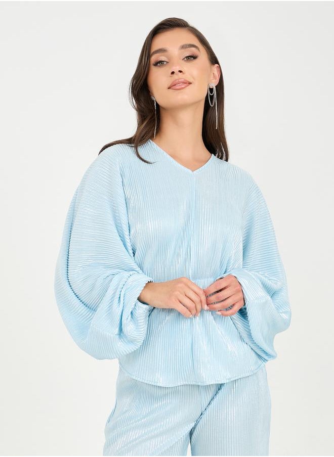 Plisse Peplum Top and Straight Leg Pant Set