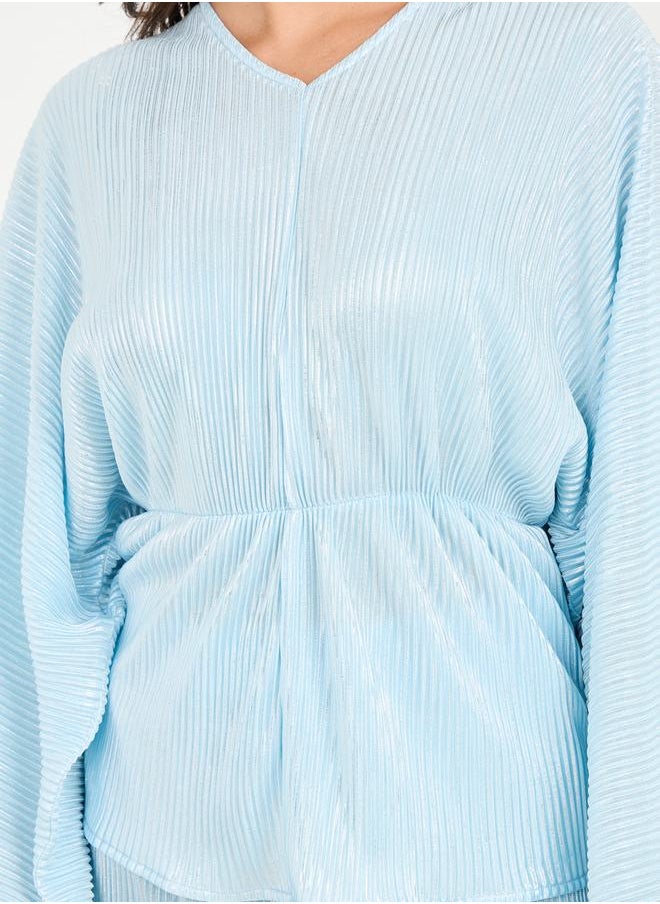 Plisse Peplum Top and Straight Leg Pant Set