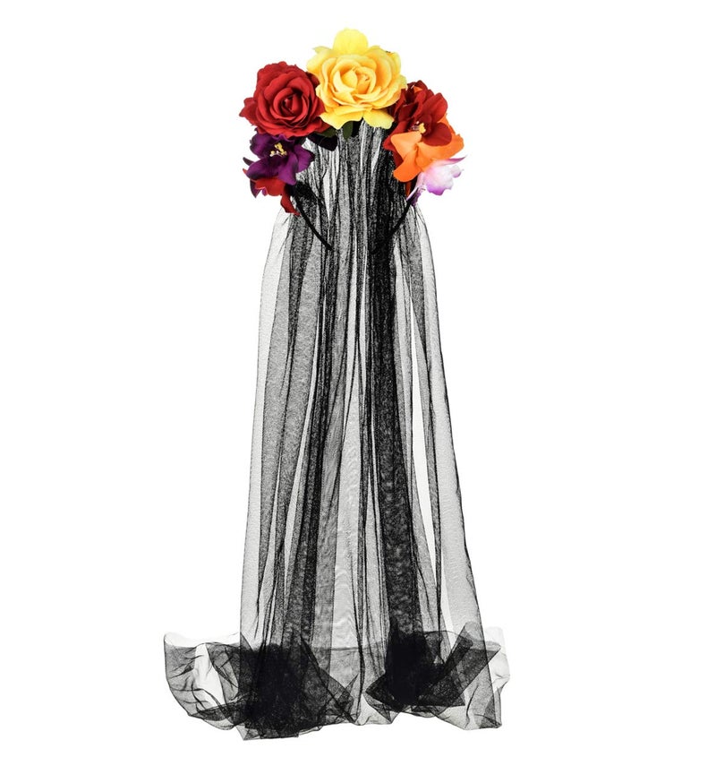 Merroyal Womens Dia de los Muertos Rose Flower Costume Headpiece Halloween Day of The Dead Costume Headband Red Yellow Orange Black Veil