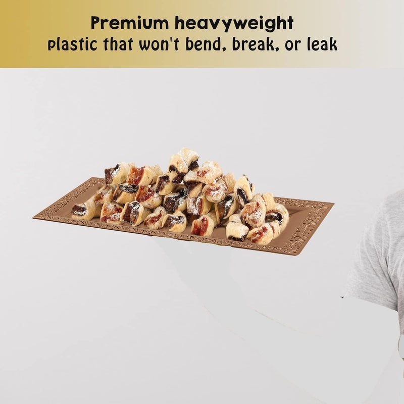 Yumchikel 12 حزمة 14 × 75 صينية تقديم بلاستيكية بحواف دانتيل ذهبية وردية  صواني  صينية حلويات ثقيلة الاستخدام  صواني حفلات للمناسبات الراقية والأعراس - Image 4