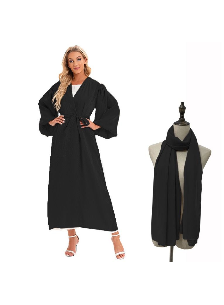 Loquat Puff Sleeve Cardigan Long Sleeve Abaya with Hijab Black 