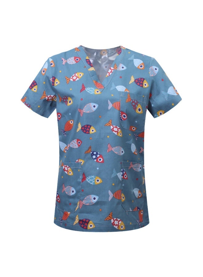 Loquat Womens Medical Scrubs Single Top Medical Uniform Single Printed Top Fish Print on Light Blue Background - Image 1