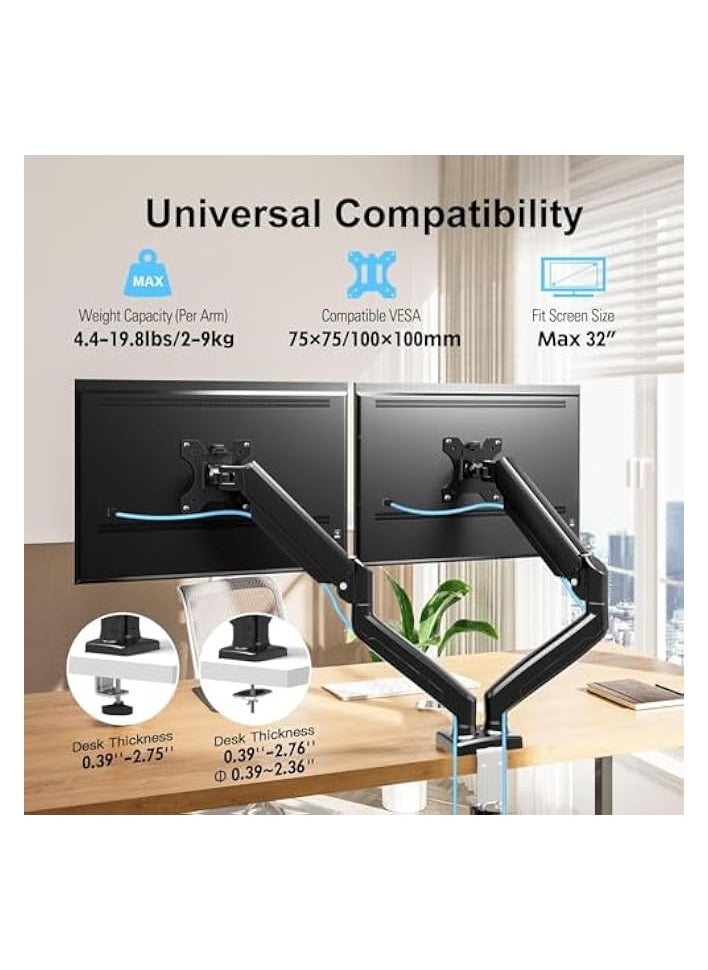 erorex - Dual Monitor Arm, Monitor Desk Mount with Gas Spring for 13-32 inch Computer Screens, Holds Up to 10KG, C Clamp/Grommet Base VESA Monitor Mount - Image 1