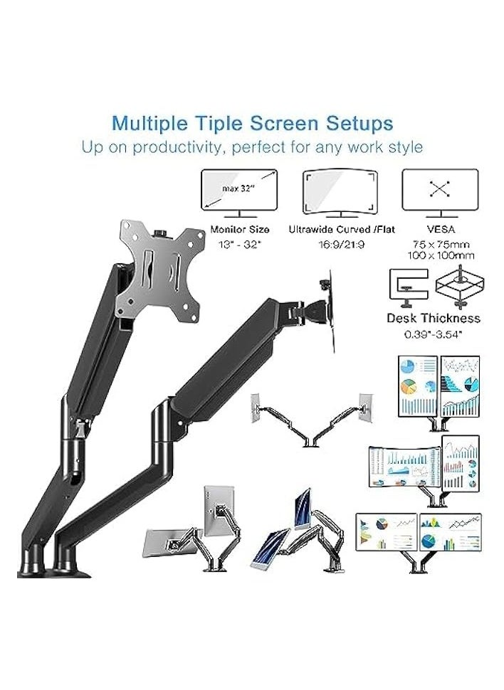 erorex - Dual Monitor Arm, Monitor Desk Mount with Gas Spring for 13-32 inch Computer Screens, Holds Up to 10KG, C Clamp/Grommet Base VESA Monitor Mount - Image 1