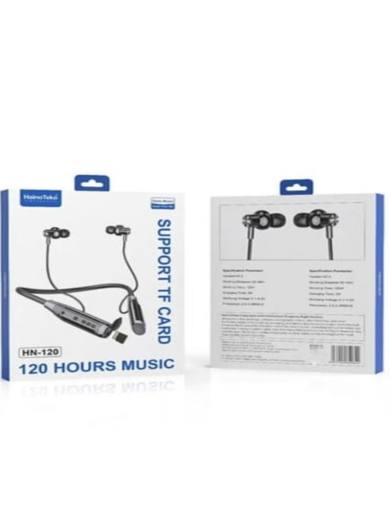 Haino Teko Haino Teko HN-120 Neckband Bluetooth Headphone, 5.3 Inch, Sweatproof, 2.4-2.480GHz Frequency, 20M Working Distance, Built-in Microphone, 120H Working Time, Black | HN-110 - Image 1
