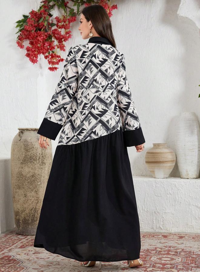 Take Two Black Geometric Print Spliced Shirt Maxi Dress - Image 4