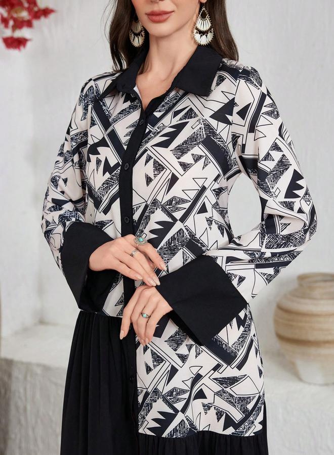 Take Two Black Geometric Print Spliced Shirt Maxi Dress - Image 3