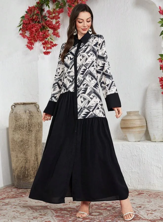 Take Two Black Geometric Print Spliced Shirt Maxi Dress