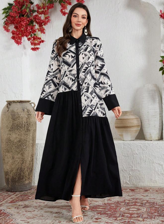 Take Two Black Geometric Print Spliced Shirt Maxi Dress - Image 5