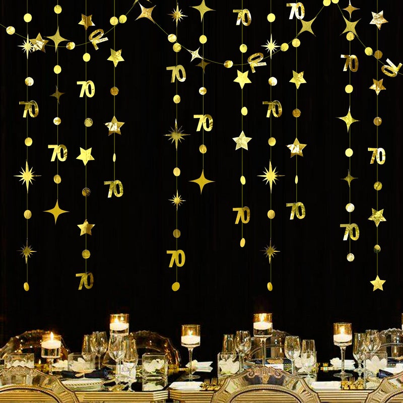 Gold 70th Birthday Decorations Number 70 Circle Dot Twinkle Star Garland Metallic Hanging Streamer Bunting Banner Backdrop for Seventieth Anniversary Women and Mens 70 Year Old Birthday Party Supplies