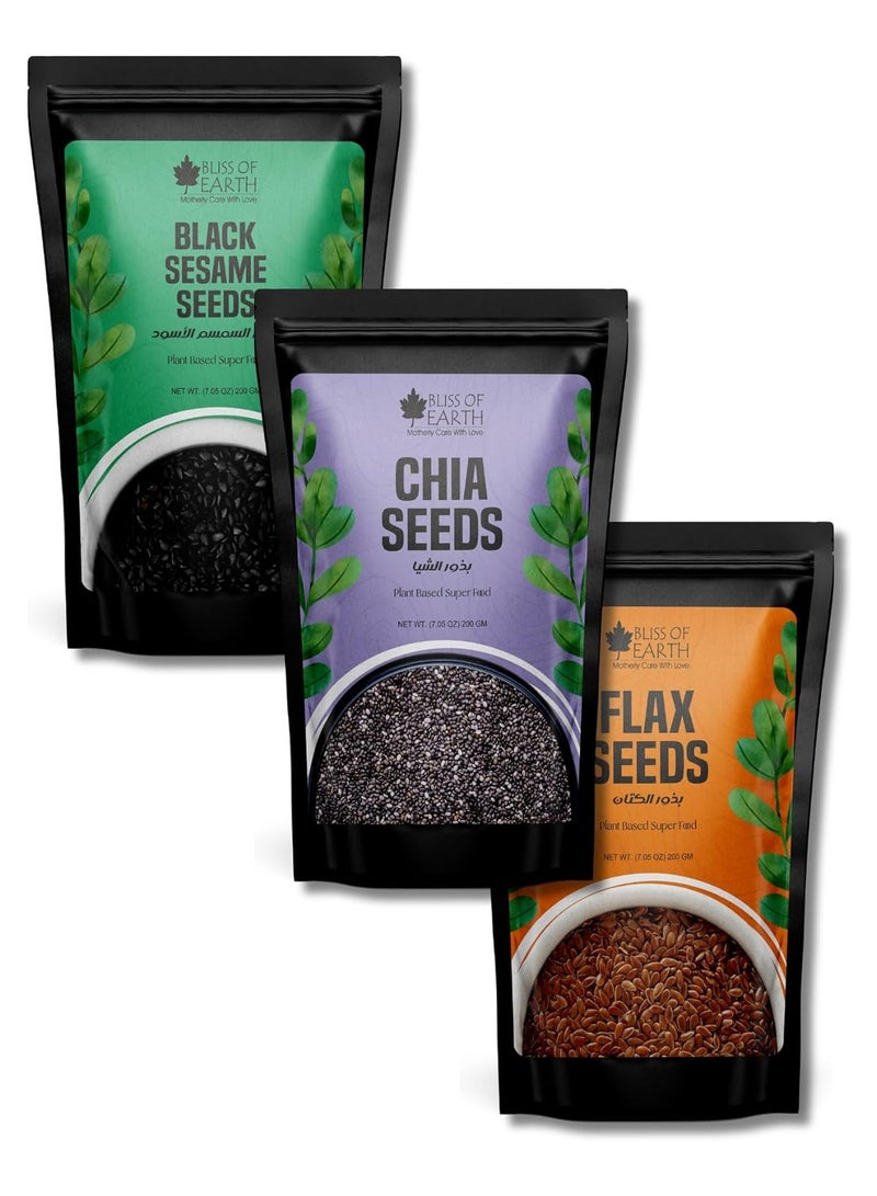 BLISS OF EARTH Raw Chia, Flax & Black Sesame Seeds Combo for Weight Loss, Plant-Based Seeds for Eating, High Protein Superfood Seed Mix for Smoothies, Salads & Baking, Omega & Calcium Rich – 200g Each - Image 1