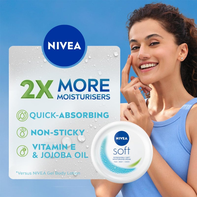 Nivea كريم نيفيا سوفت المرطب الخفيف للوجه واليدين والجسم ترطيب فوري كريم غير دهني مع فيتامين E وزيت الجوجوبا 50 مل عبوة من 2 - Image 3